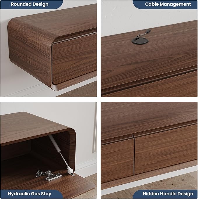 POVISON Fully Assembled Floating TV Stand, Walnut TV Stand, Solid Wood Floating - Image 4