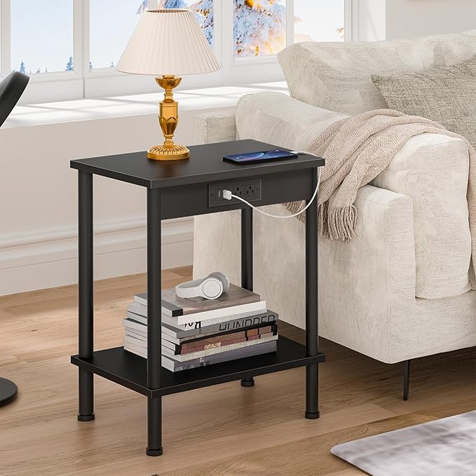 End Table with Charging Station, Small Side Table, 2-Tier Nightstand with by YUFAM