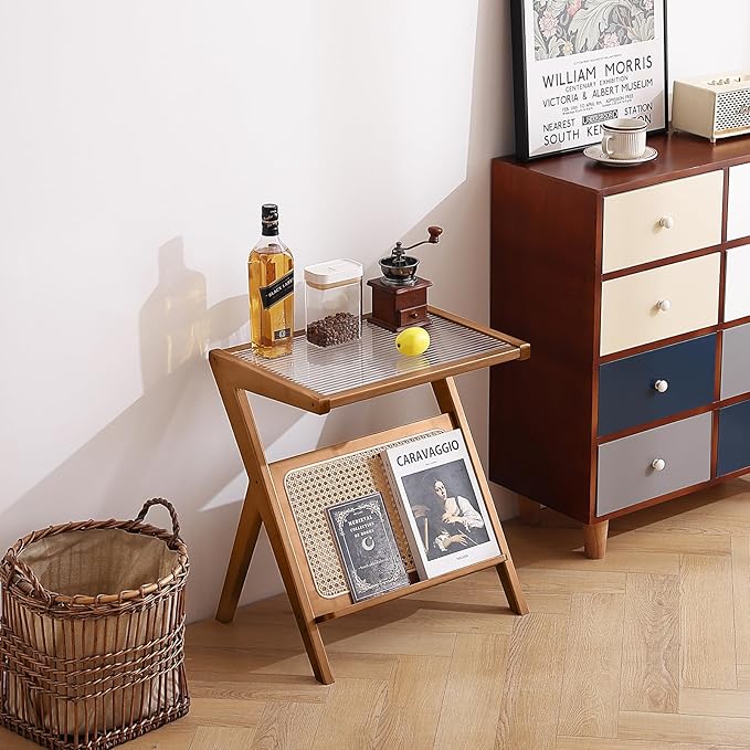 Tiita Rattan Nightstand Side Table, Bamboo Accent Bedside Tables, Glass Coffee - Image 7