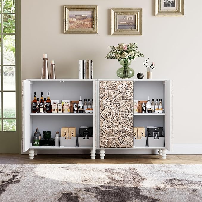 COSIEST Set of 3 32" Accent Storage Cabinets, Vintage Lotus Pattern Sideboards - Image 3