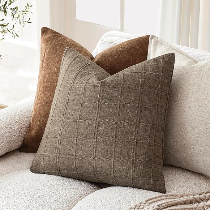 Foindtower Set of 2 Decorative Linen Check Throw Pillow Covers Neutral - Image 4