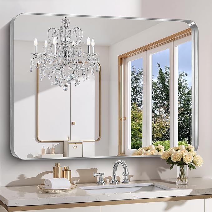 FORBATH 48x40 Inch Large Bathroom Mirror, Brushed Silver Deep Frame Wall Mirror by FORBATH