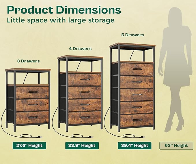 Huuger 5 Drawers Dresser with Charging Station, Dresser - Image 4