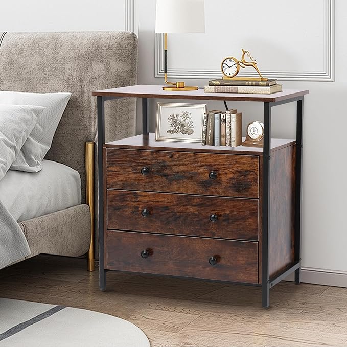 3 Wooden Drawers Nightstand, 27 Inch Wide Night Stand Set 2 - Image 6