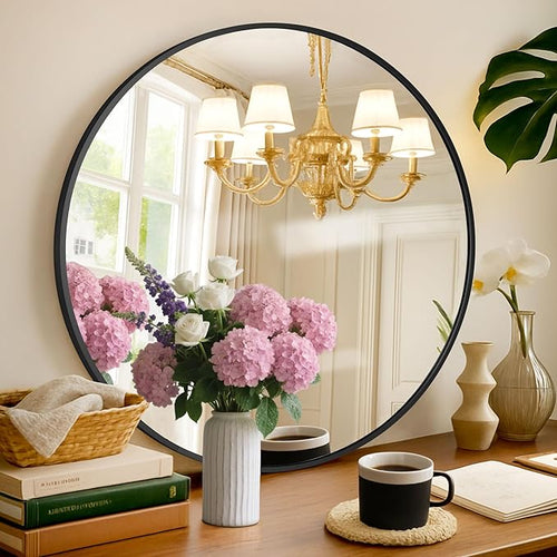 24 Inch Black Round Wall Mirror, Circle Bathroom Mirror by PUZONJIG