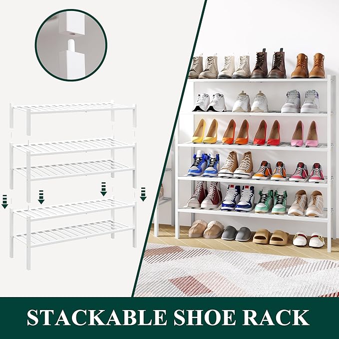 Smiry Shoe Rack, 2 Tier Long Bamboo Shoe Organizer, Stackable Free Standing - Image 4