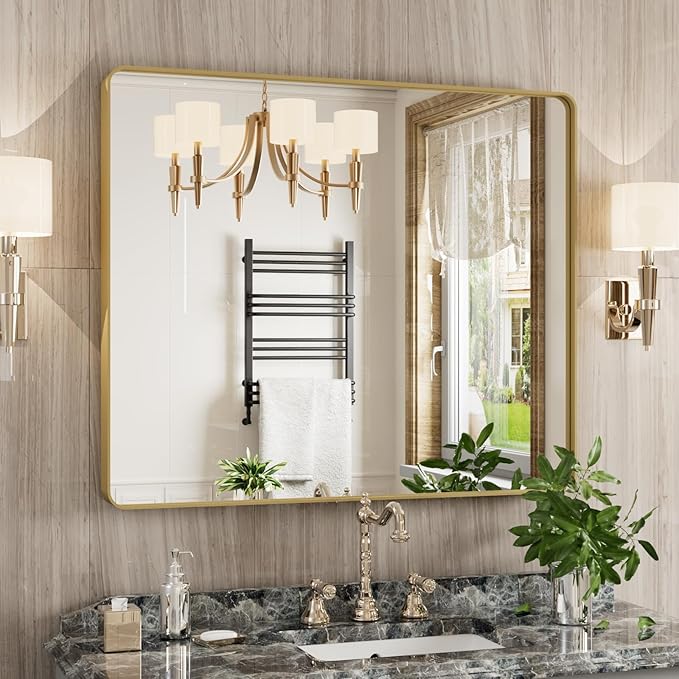 Gold Bathroom Mirror, 30x36 Inch Brushed Gold Metal Frame Mirror by JISOSO