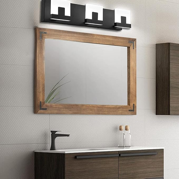 YOSHOOT Rustic Wooden Framed Wall Mirror, Natural Wood Bathroom Vanity Mirror - Image 3