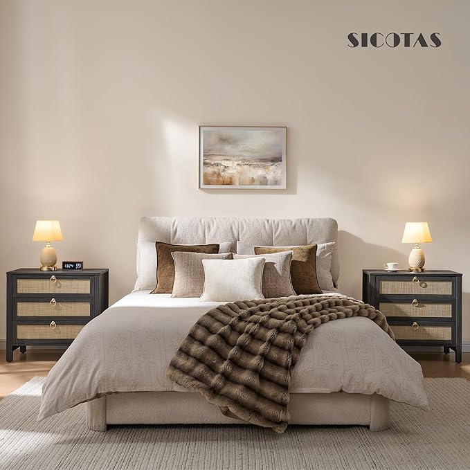 SICOTAS Night Stand with Drawers, Large Rattan Bedside Table with Golden Handle - Image 7