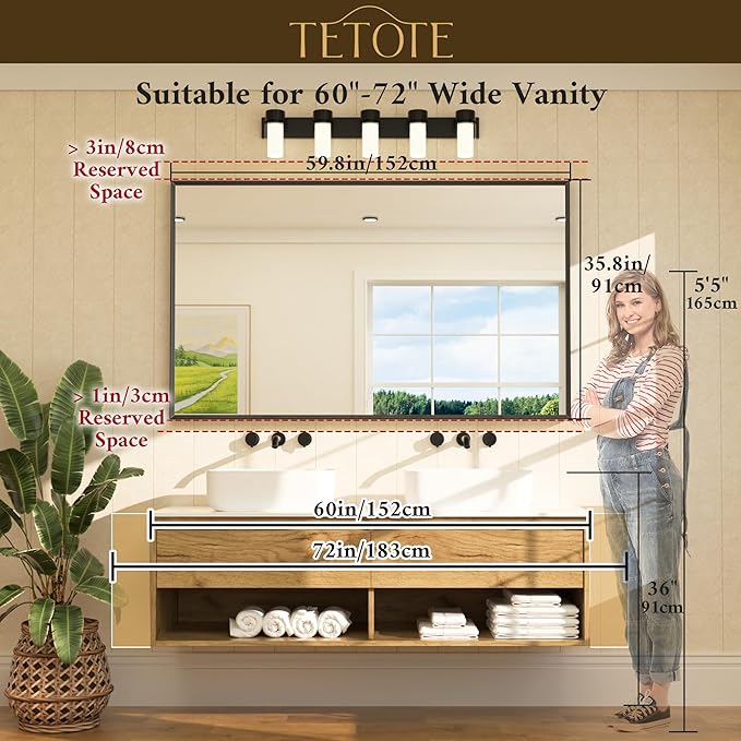TETOTE Brushed Gold Mirror Beveled Frame 60" x 36" Large Brass Gold Rectangle - Image 5