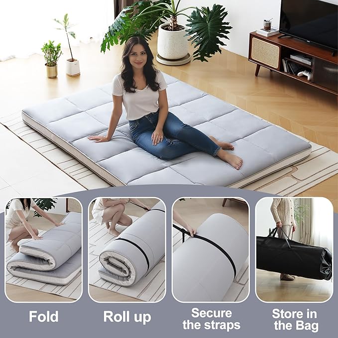 Tiita Queen Memory Foam Mattress Topper, Portable Roll Up Travel Car Camping - Image 2