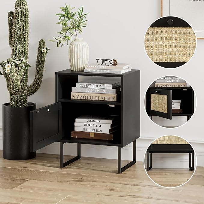 Masupu Rattan Nightstand, Boho Night Stand Modern Farmhouse Wood Bedside Table - Image 6