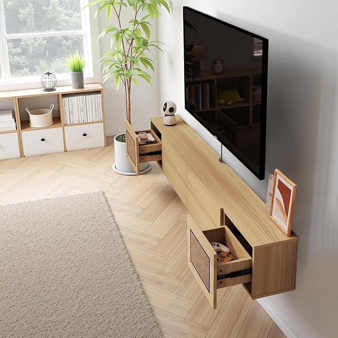 Pmnianhua Boho Floating TV Stand 94", Modern Wall Mounted Media Console - Image 3