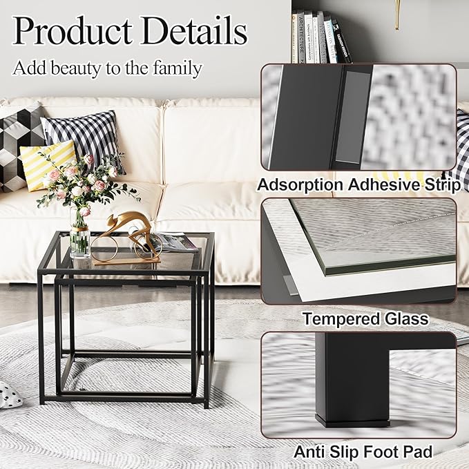 VILAWLENCE Coffee Table Set of 2, Modern Grey Patterned Glass Side Table - Image 5