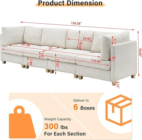 126" Convertible L-Shaped Modular Sectional Sofa, 4 Seater Corduroy Upholstered - Image 2