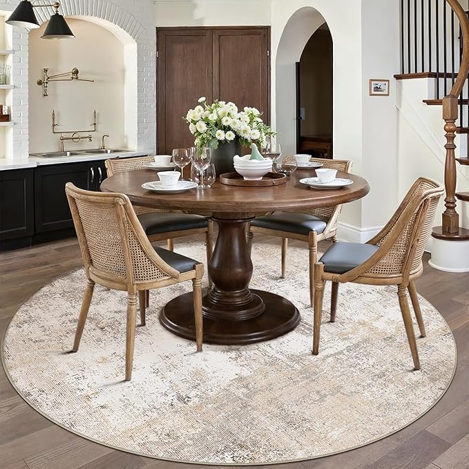 6x6 Washable Round Rug Beige Grey Neutral Abstract Living Room Bedroom Area Rug - Image 2