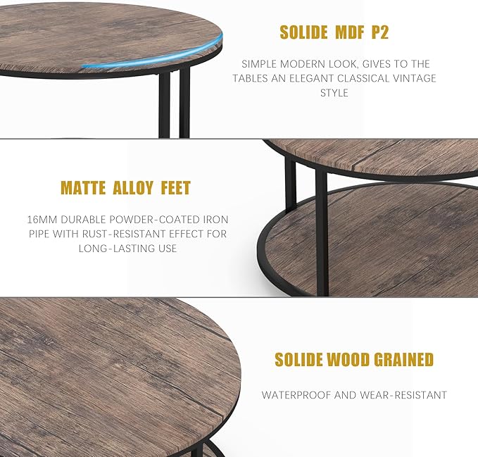 Round Coffee Table, Rustic Wooden Surface Top & Sturdy Metal Legs Industrial - Image 5