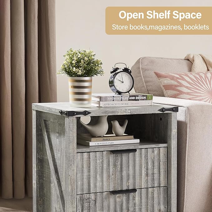 Grey Nightstand with Charging Station Set of 2-20 Inch Wide Farmhouse Fluted - Image 6