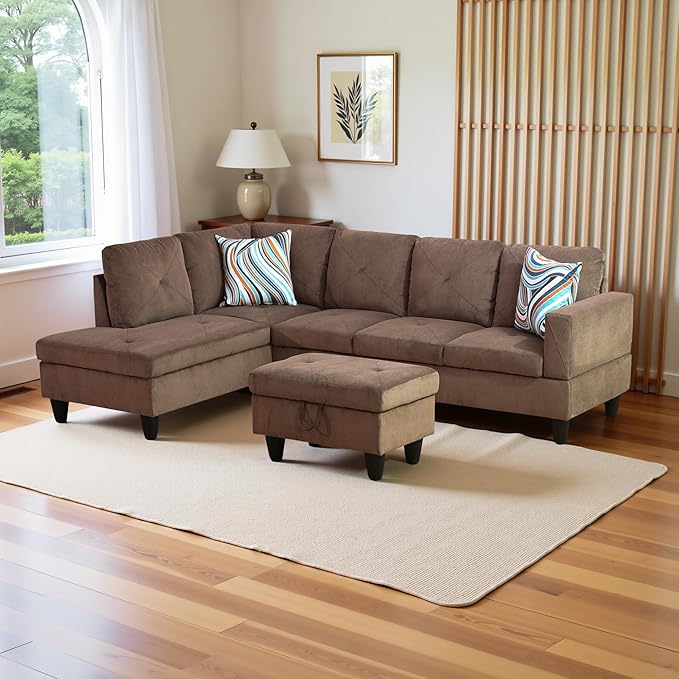 L Shaped Couch Modern Sectional Couch Upholstered Sackcloth Fabric 3 Pieces by LynginsCreativeLife