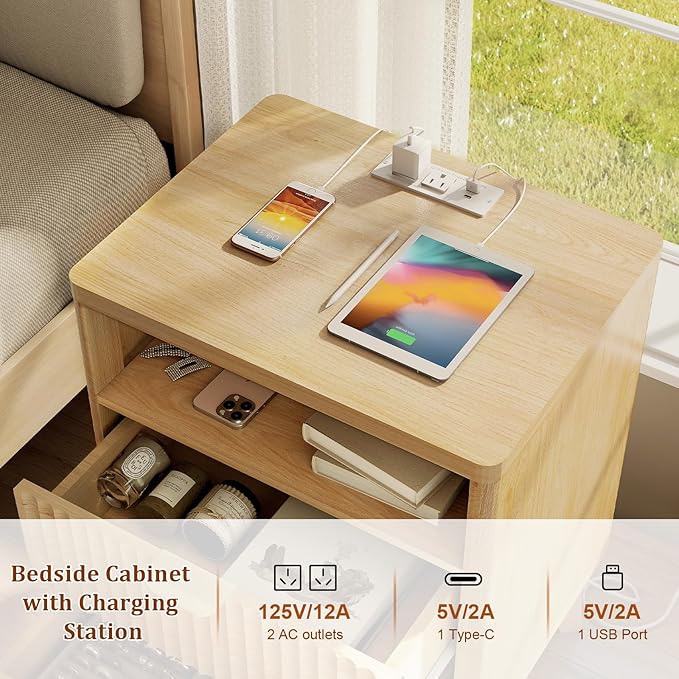 Fluted Nightstand with Charging Station, 19.7 inch Wide End Table with 2 Drawers - Image 3