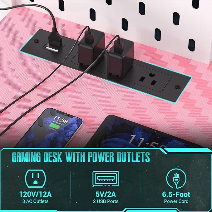 Gaming Desk with Hutch and LED Lights, Gaming Computer Desk with Power Outlets - Image 7