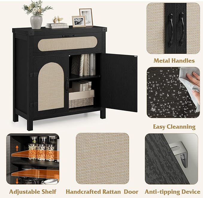 IDEALHOUSE Rattan Cabinet with Drawer, Sideboard with Synthetic Rattan-Accent - Image 5