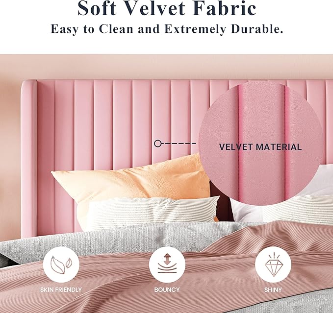 Allewie Queen Size Velvet Bed Frame/Vertical Channel Tufted Wingback - Image 5