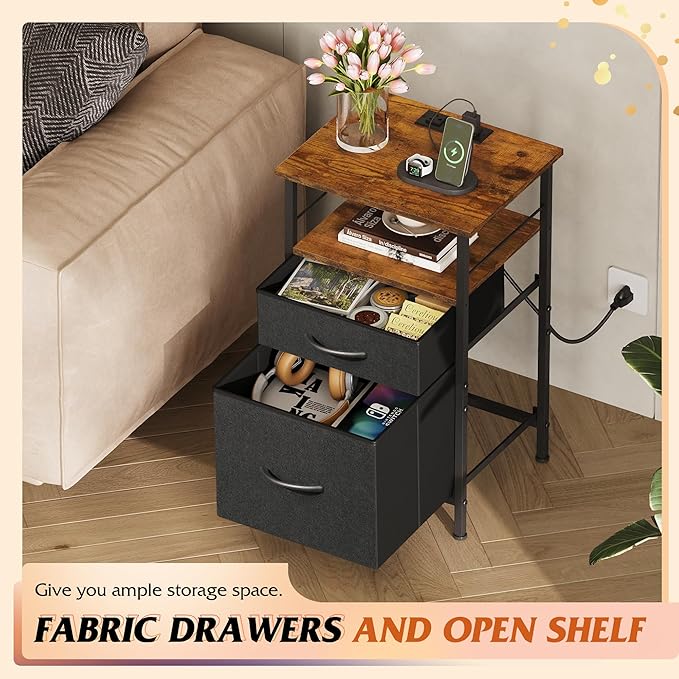 WLIVE Nightstand with Charging Station, Night Stand with 2 Fabric Drawers - Image 4
