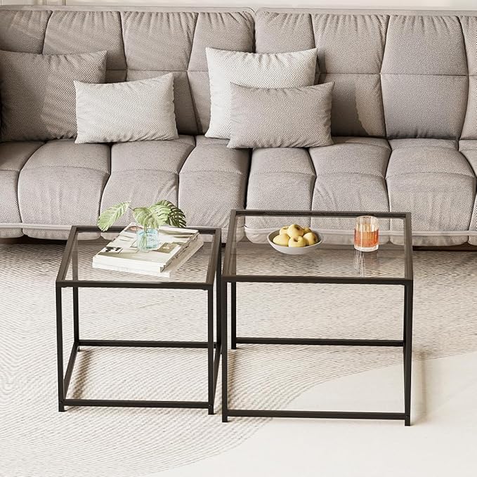 VILAWLENCE Coffee Table Set of 2, Modern Black Glass Side Table, Metal Frame - Image 4