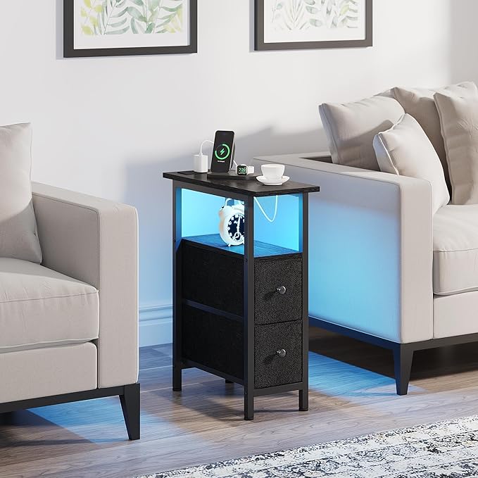 End Table Set 2 with Charging Station, Narrow Side Table with 2 Fabric Drawers - Image 8