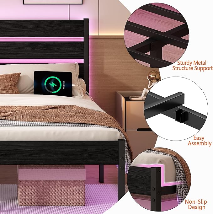 Twin Bed Frame with Headboard, Heavy Duty LED Bed Frame with USB Charging - Image 3