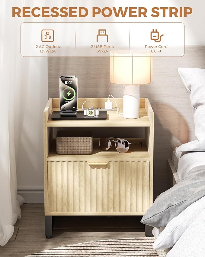 Fluted Night Stand Set 2 with Charging Station, Wood Nightstand with Large - Image 4