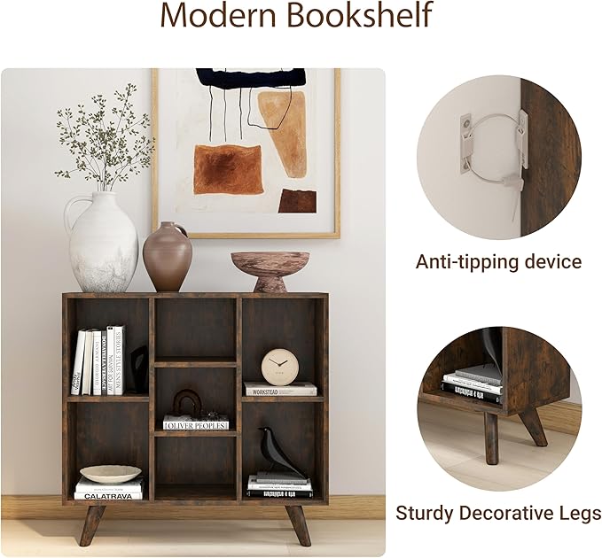 Manora Rustic Brown 7 Cube Mid Century Modern Bookshelf, Wooden Storage - Image 5