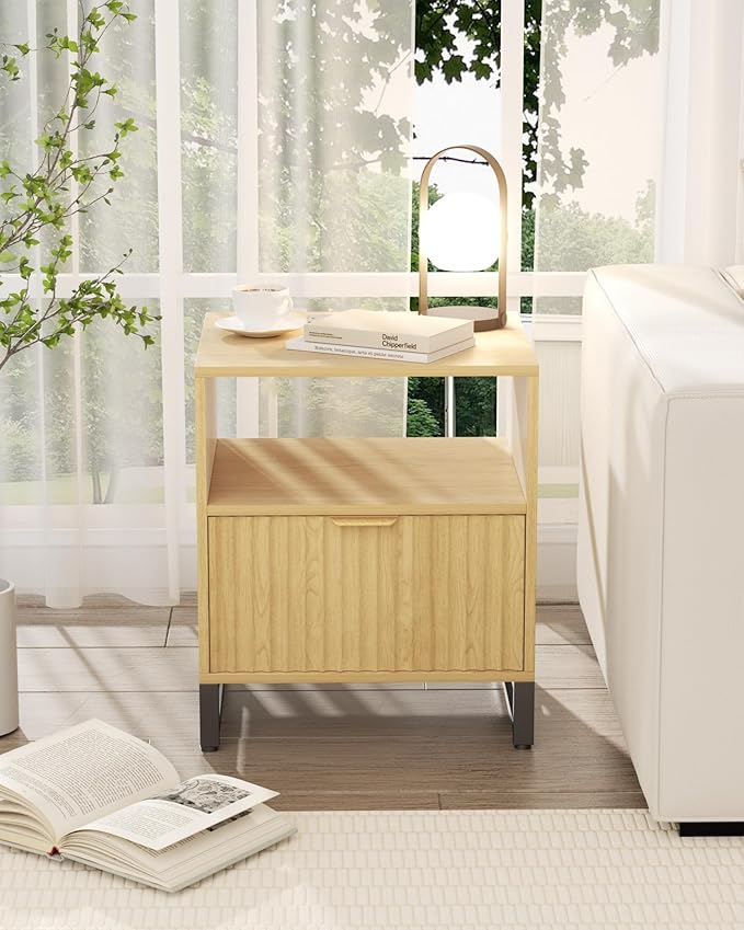 Fluted Night Stand with Charging Station, Wood Nightstand with Large Drawer and - Image 4
