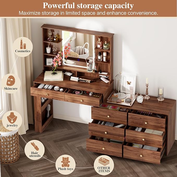 Makeup Vanity Desk with Mirror and Lights, Vanity Desk with 8 Drawers & Storage - Image 2