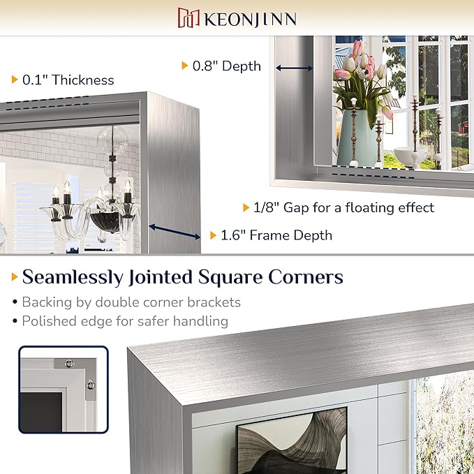 Keonjinn Brushed Nickel Bathroom Mirror 60 x 40 in Rectangle Frame Mirror - Image 3