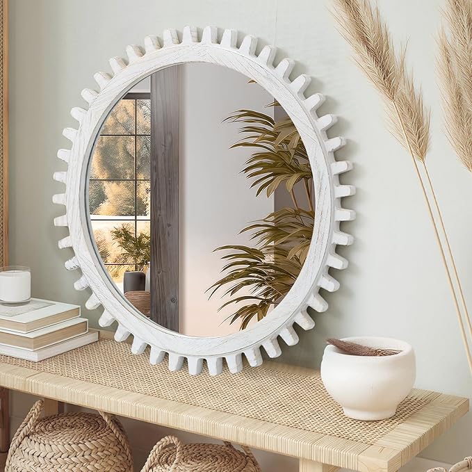 ULIKE Round Wood Mirror, 30 Inch Rustic Farmhouse Circle Mirror - Image 9