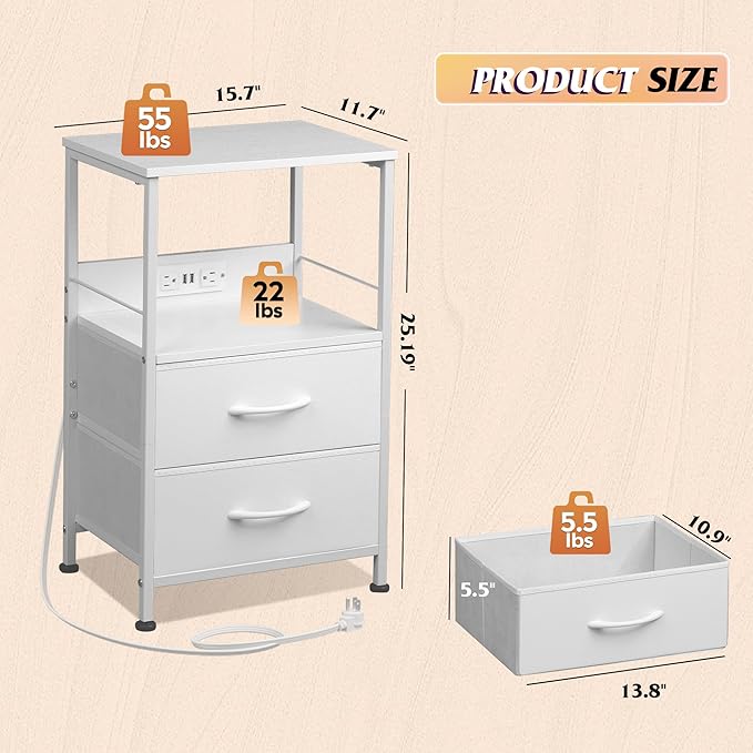 WLIVE White Night Stand with Charging Station, LED Nightstand with 2 Fabric - Image 3