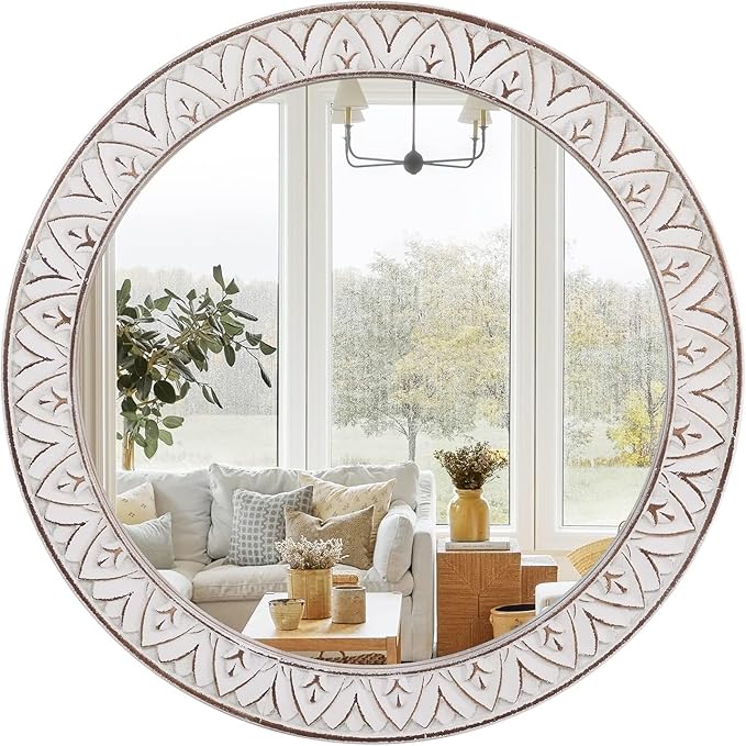 20" Round Rustic Mirror Wooden Frame Circle Mirrors, Distressed Wall Mounted by FuxuiwyRoundWallMirror