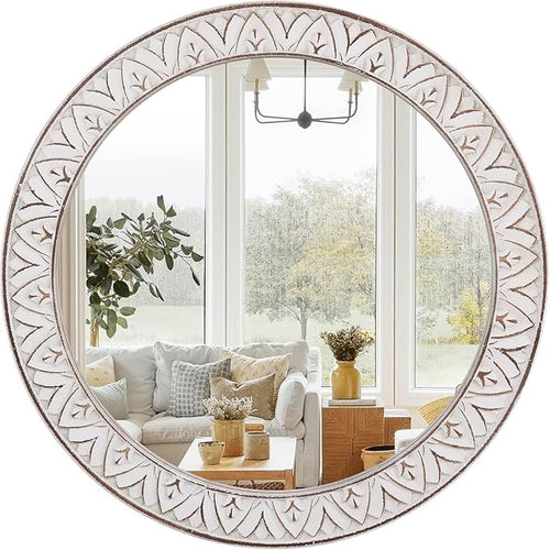 20" Round Rustic Mirror Wooden Frame Circle Mirrors, Distressed Wall Mounted by FuxuiwyRoundWallMirror