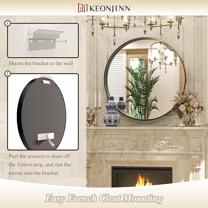 Keonjinn Black Round Mirror 36 Inch, Brushed Black Framed Circle Mirror - Image 5
