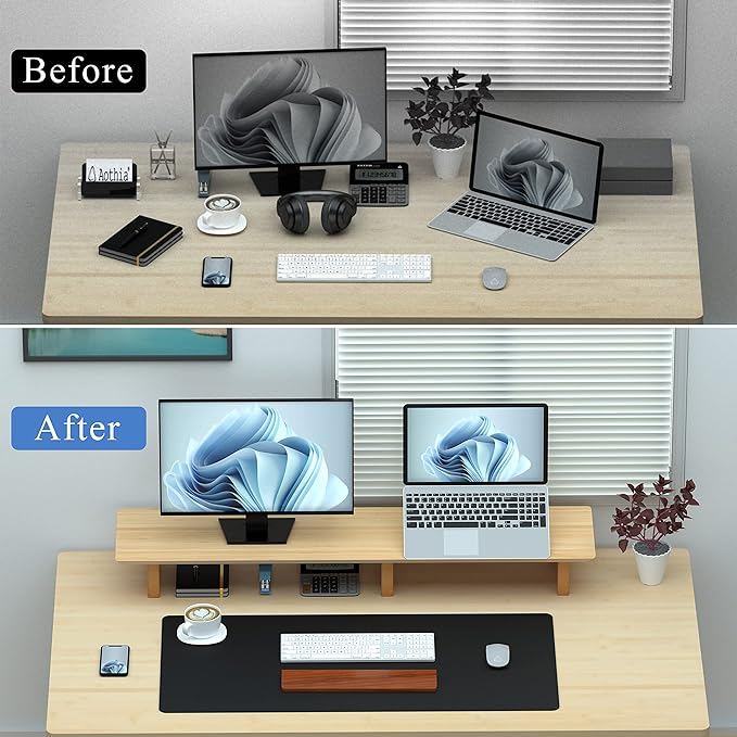 Aothia Large Dual Monitor Stand Riser, Solid Wood Desk Shelf - Image 6
