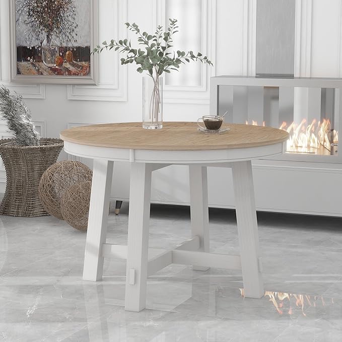 Farmhouse Round Dining Table for 4, Extendable Circle to Oval Wooden Tabletop by Unknown