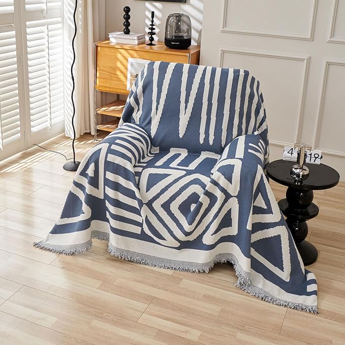 STACYPIK Jacquard Blue Geometric Sofa Cover Thick Soft Boho Couch Covers by STACYPIK