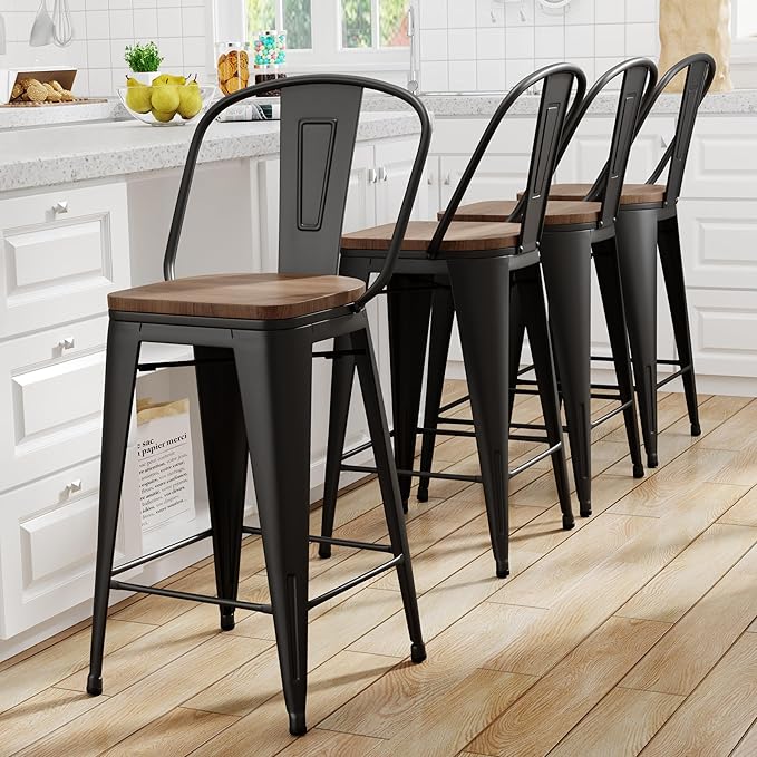 Yongqiang 26 inch Bar Stools Set of 4 High Back Metal Kitchen Counter Height - Image 3