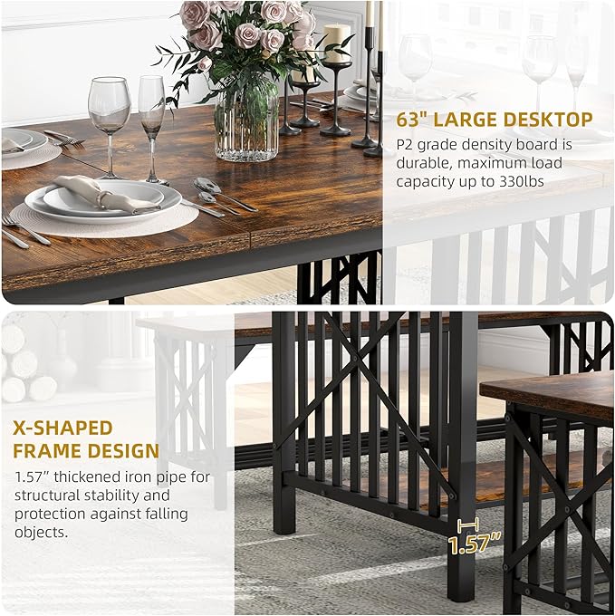 DWVO 3-Piece Dining Table Set for 4-6 People, Industrial Rectangular Dining - Image 3