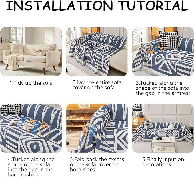 HANDONTIME Boho Couch Covers for Sofa Chenille Sofa Covers Denim Blue Sofa - Image 7