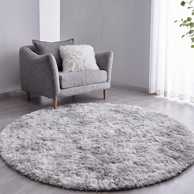 FJZFING Tie-Dyed Light Grey Round Rug Ultra-Soft Plush Modern 5x5 Circle Area by FJZFING