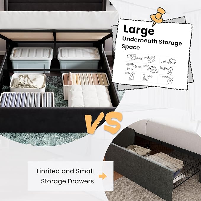 SHA CERLIN Queen Size Lift Up Storage Bed/Velvet Upholstered/Modern Wingback - Image 4
