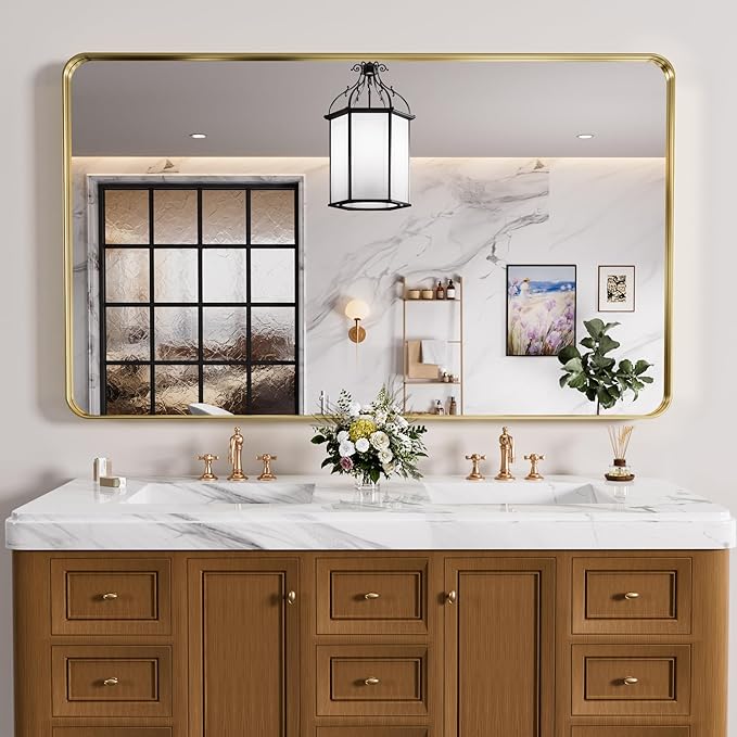 Gold Bathroom Mirror, 60x30 Inch Brushed Gold Metal Frame Mirror - Image 2